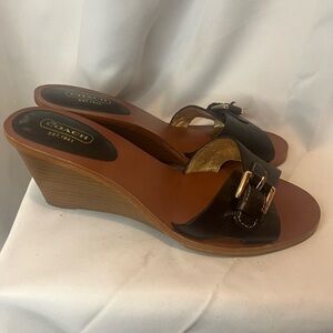 Coach Black and Brown Wedge Sandals with Patent Leather Strap